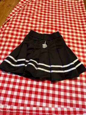 Spencer's Black Circle Skater Skirt with Silver Stripe & Skeleton Hand